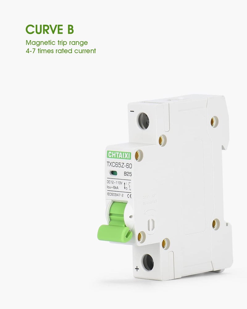 CHTAIXI قاطع دائرة مصغر 12V-110V DC، 25 أمبير 1 قطب واقي بطارية لنظام الطاقة الشمسية وRV، قاطع حراري مغناطيسي، تركيب على سكة DIN/سطح، مفتاح فصل DC B25 - Image 4
